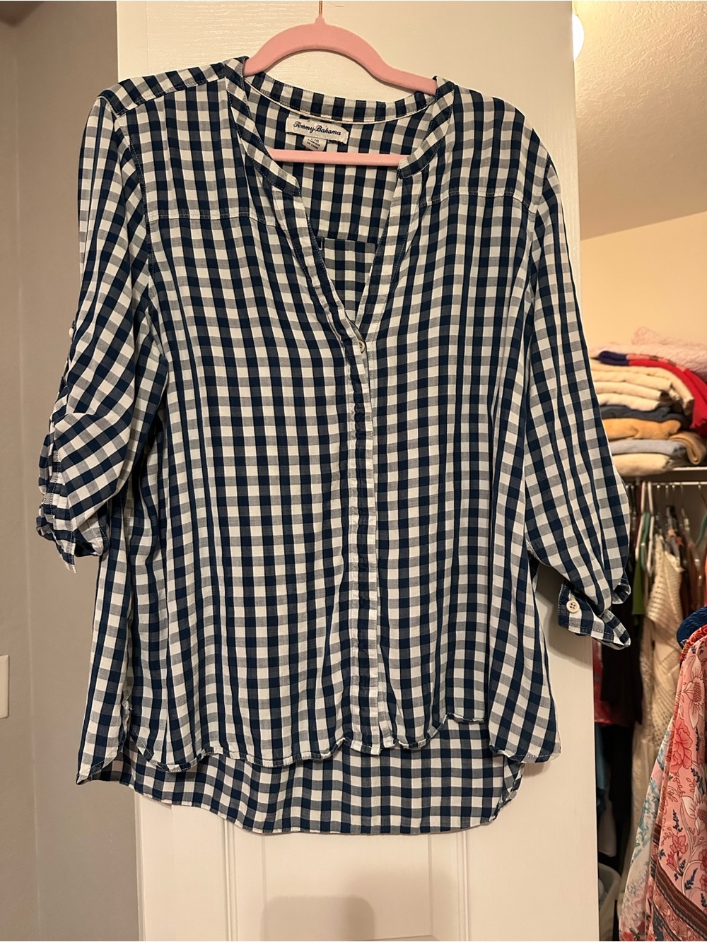 Tommy Bahama Navy and White Gingham Button-Down Shirt